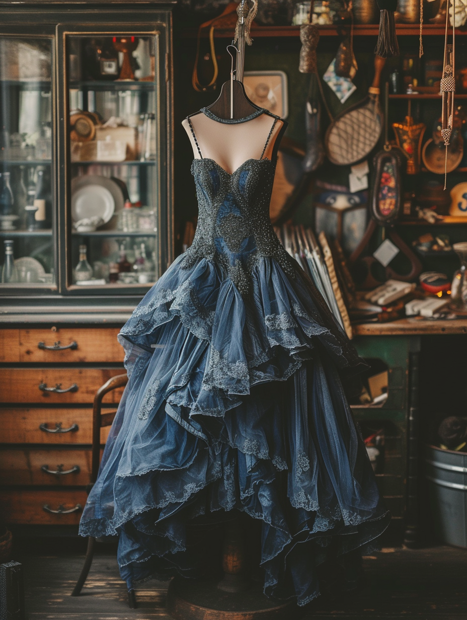 Denim wedding dress on an eco hanger set in a recycled shop