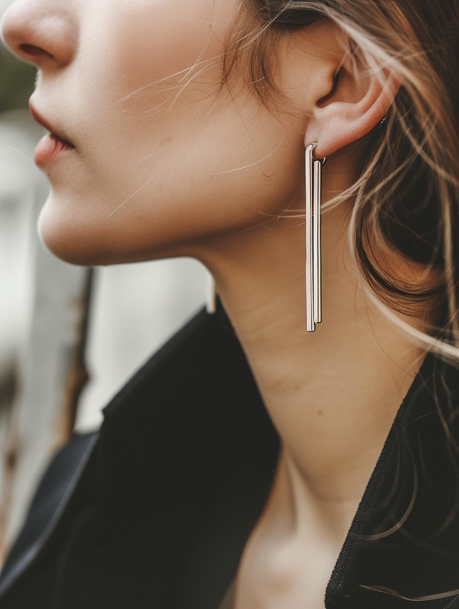 Depict a minimalist silver industrial bar earring