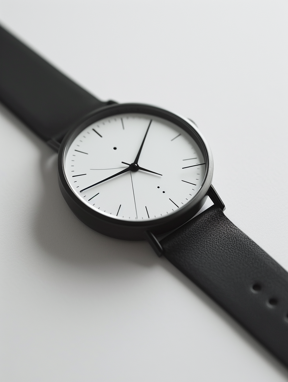 Depict a vision of a minimalist wristwatch with a skinny black strap