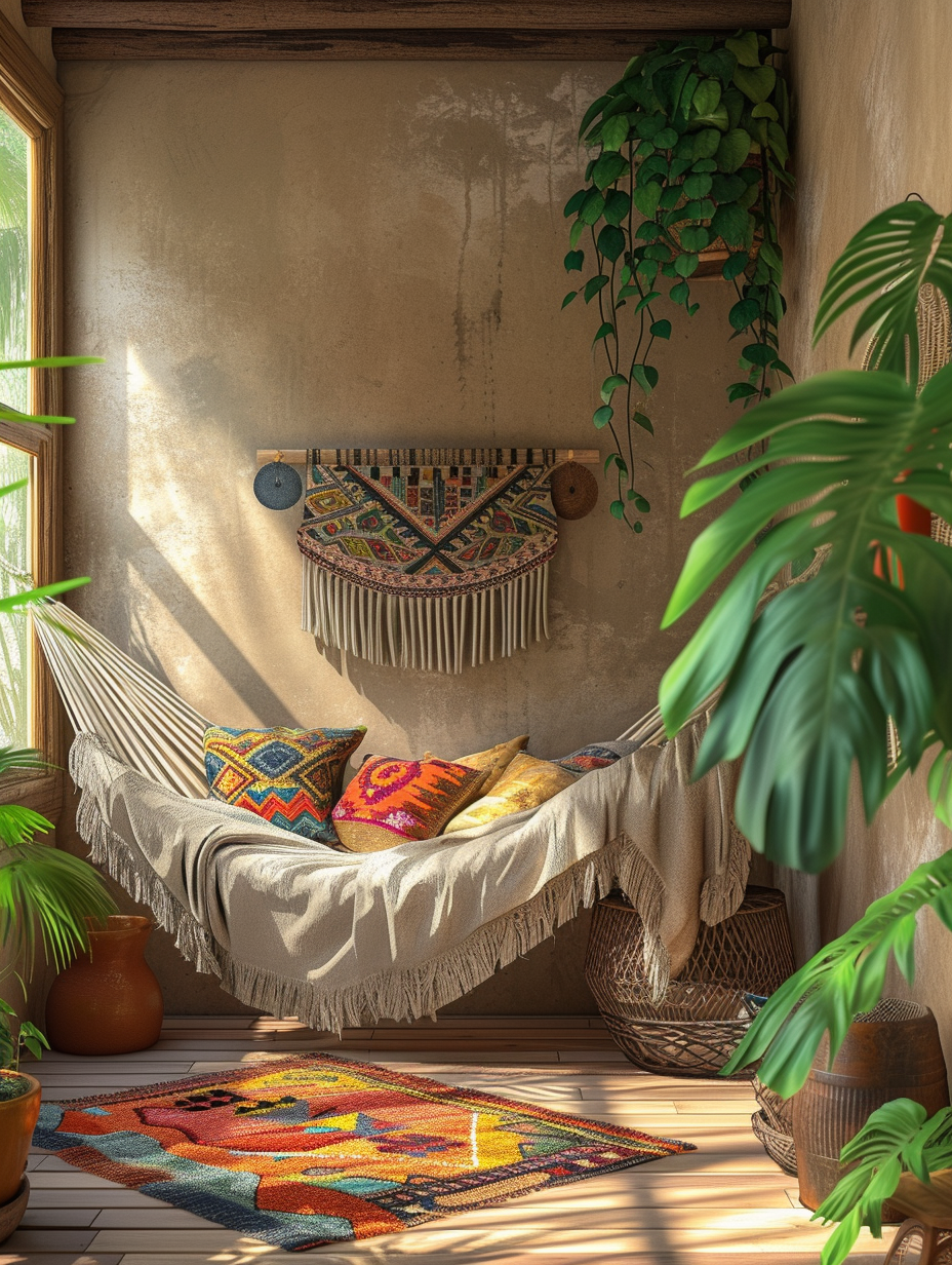Design of a sunlit Bohemian corner with a vibrant Monstera plant, a comfortable hammock and tribal décor