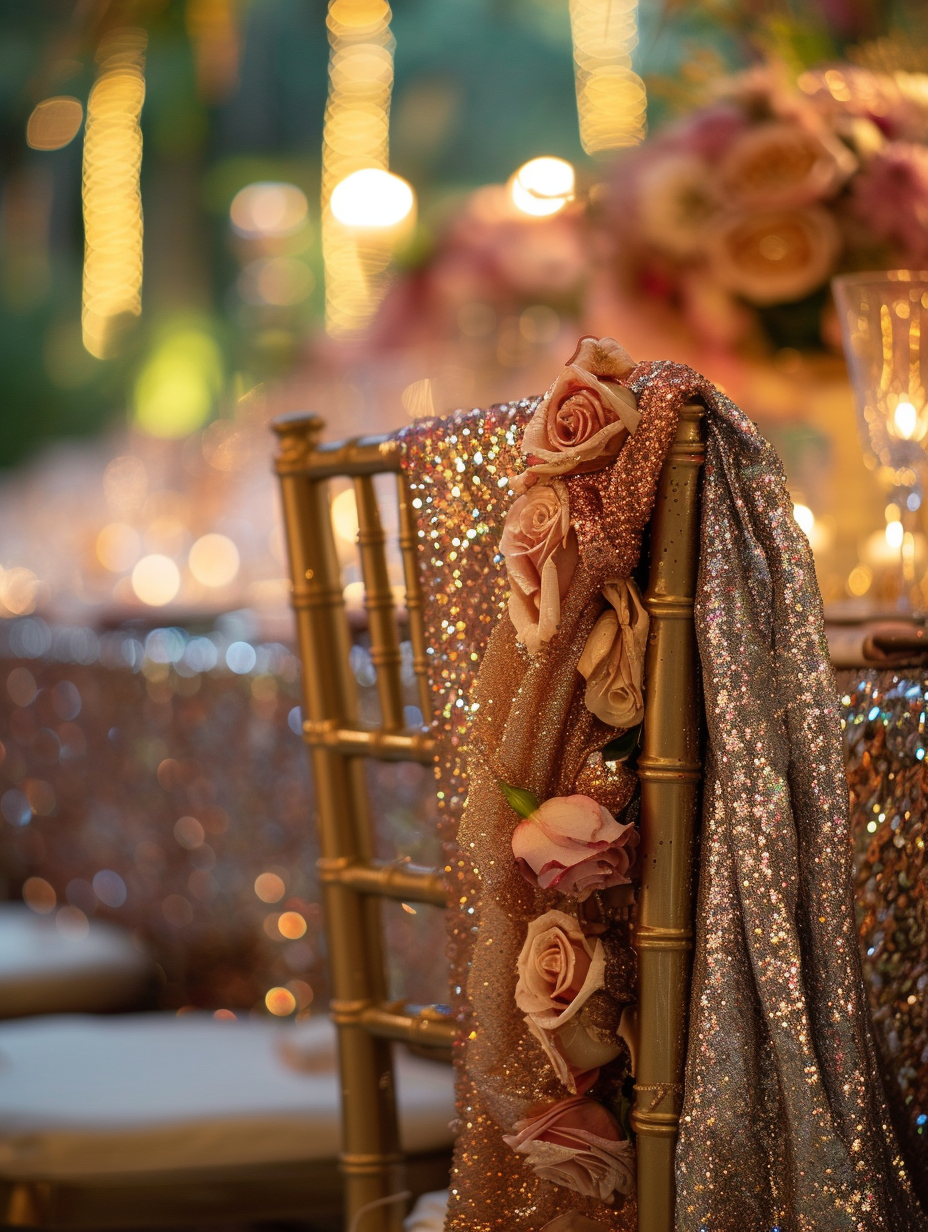 Detail of a sequin shawl draped over a chair at a banquet
