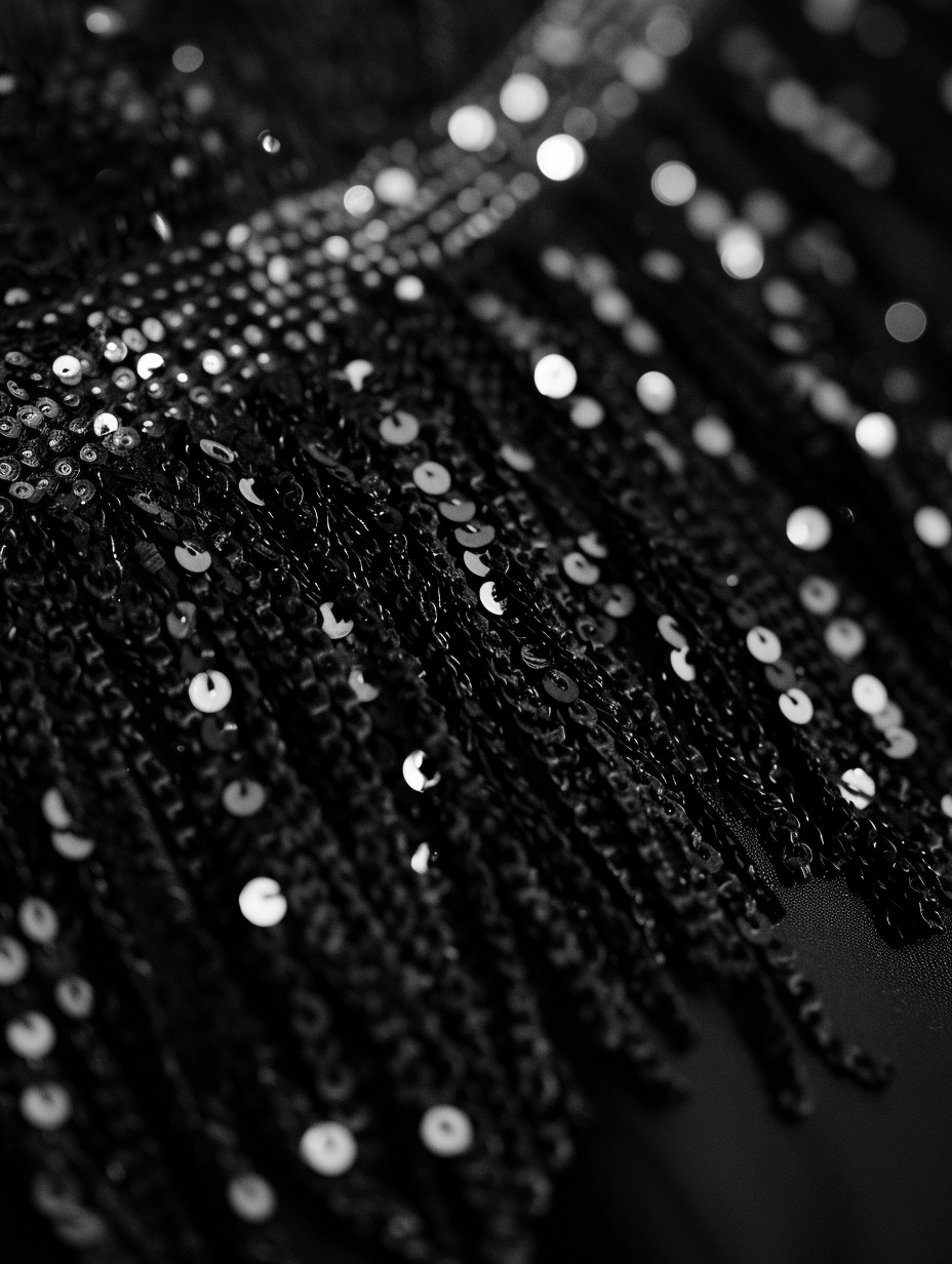 Detail of sequin fringe on a flapper dress at a 20s themed party