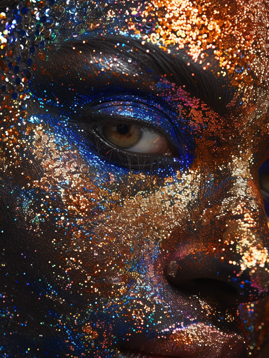 Detail of sequin makeup at a fashion event
