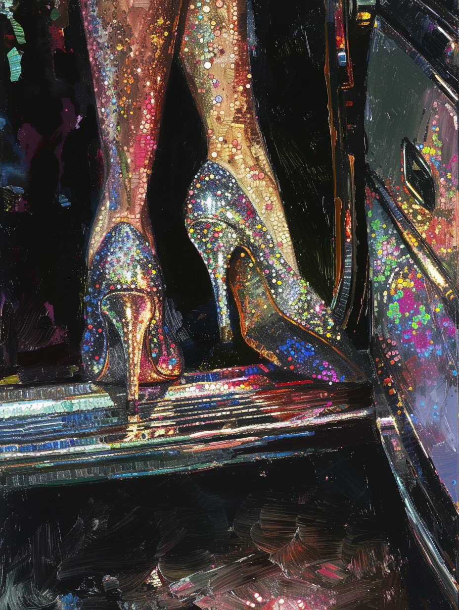Detail of sequin shoes stepping out of a limousine