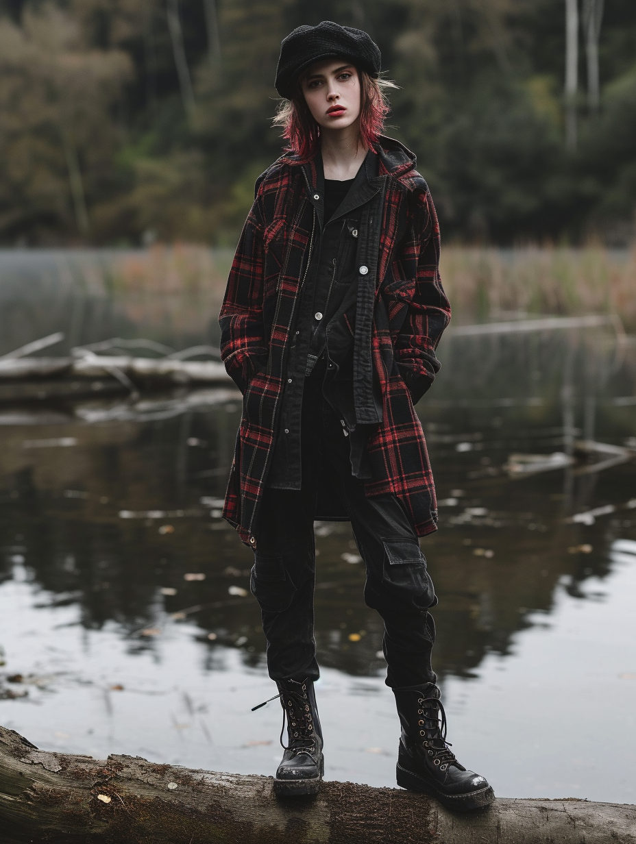Display a gender-neutral outfit with a grunge style