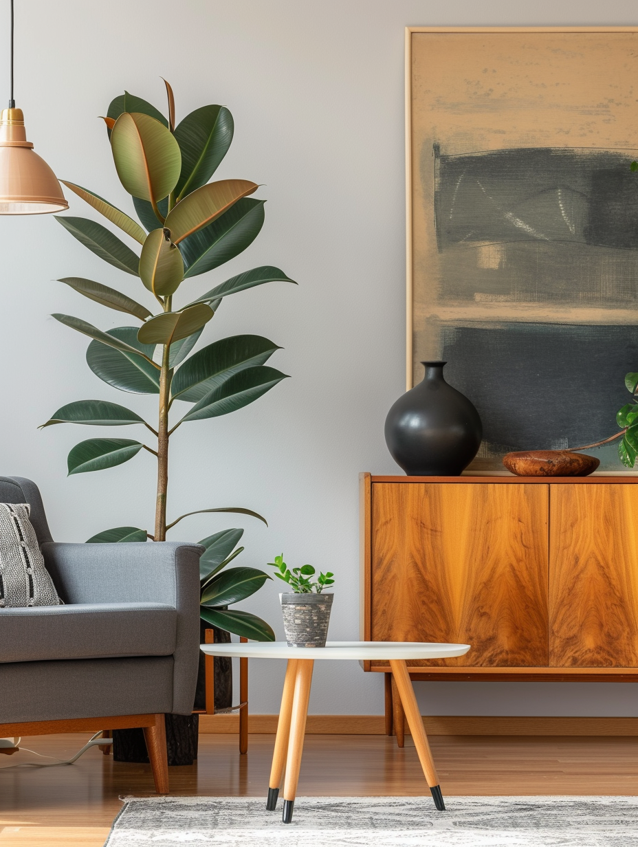 Display of a Rubber Plant in a contemporary designed living room with mid-century furniture
