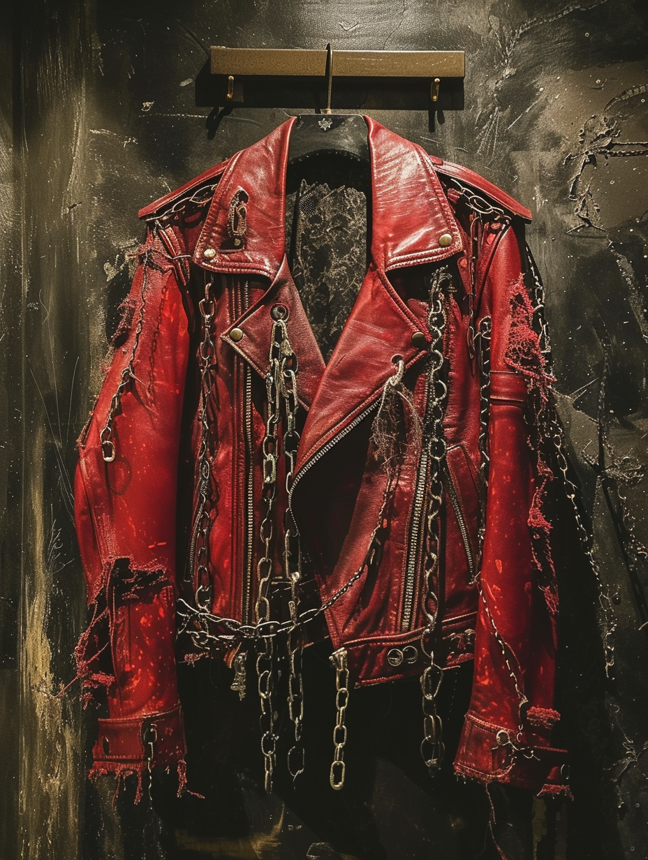 Distressed faded red leather jacket with an array of chains and zippers, showcased in an underground punk club, reinforcing an edgy style