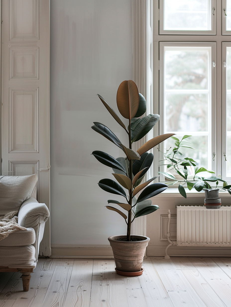Elegant Scandinavian-style room featuring a large Rubber Plant
