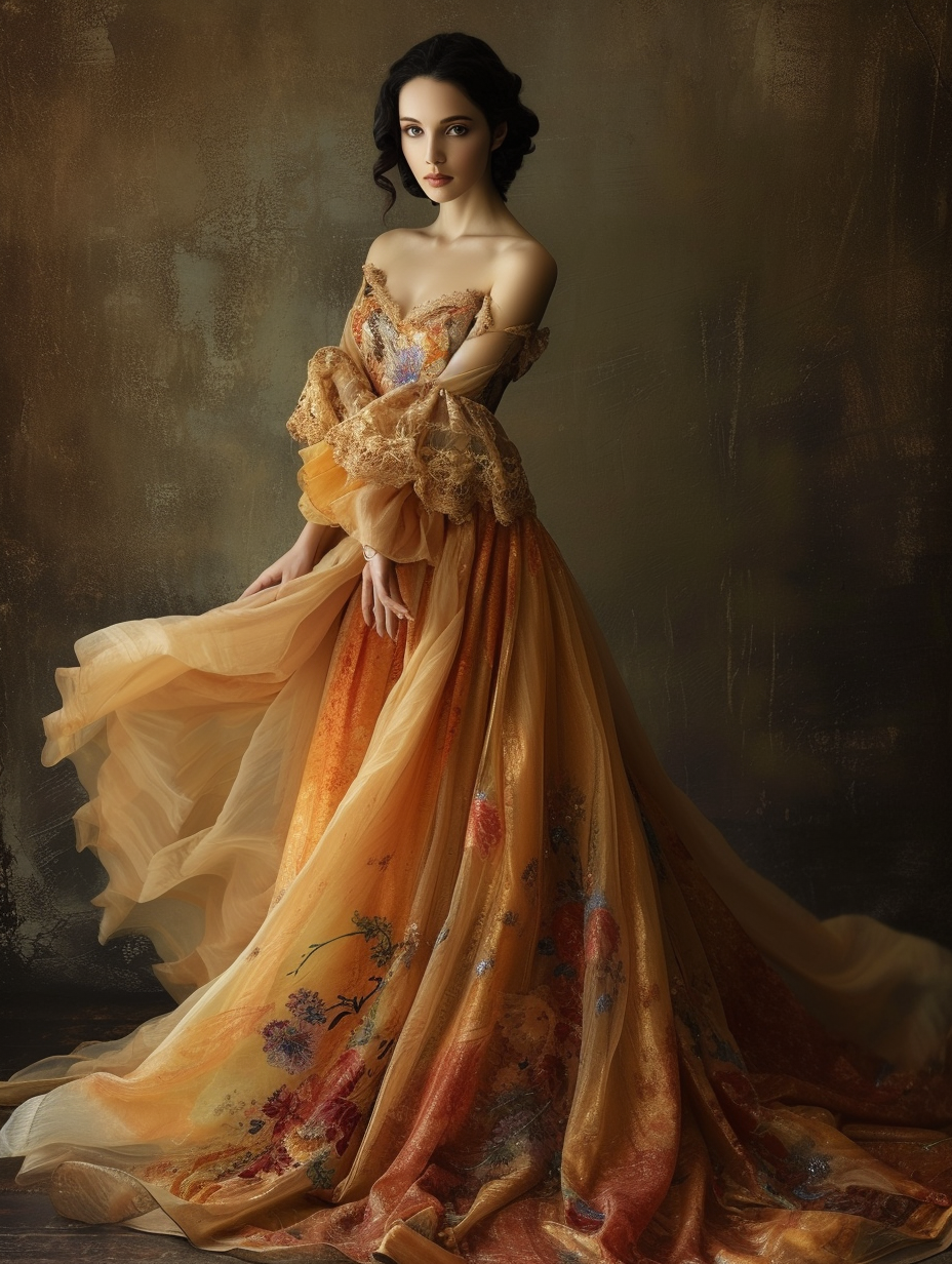 Elegant lady dressed in a Renaissance-inspired romantic evening gown in hues of sunset