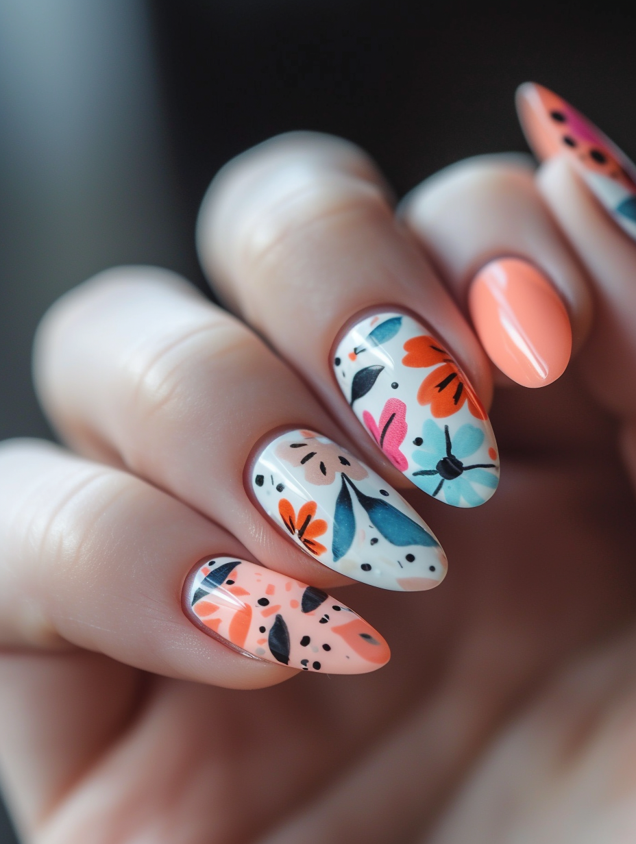 Elegantly designed spring nail art with a mix of florals and geometrical patterns in bold spring tones