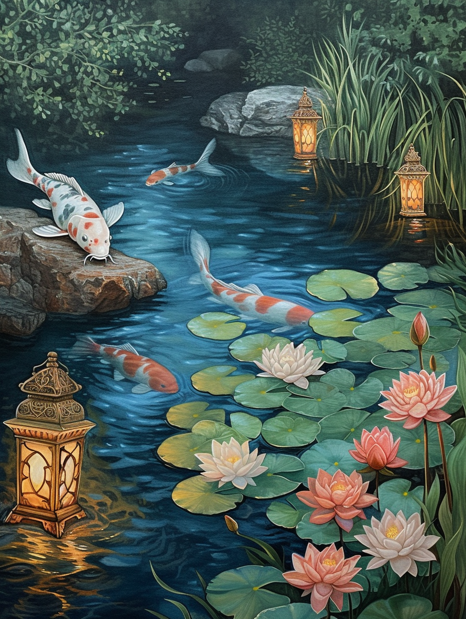 Evening scene of a koi pond with water lilies and antique lanterns
