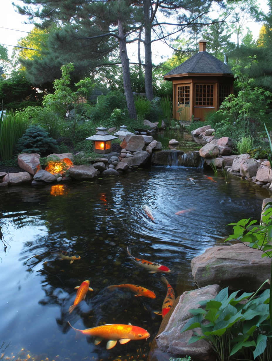 Evening view of a peaceful koi pond with lantern features