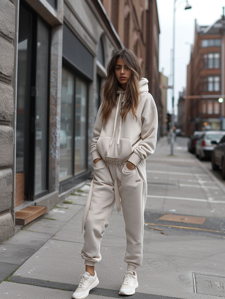 Everyday athleisure look featuring a soft-neutral toned tracksuit
