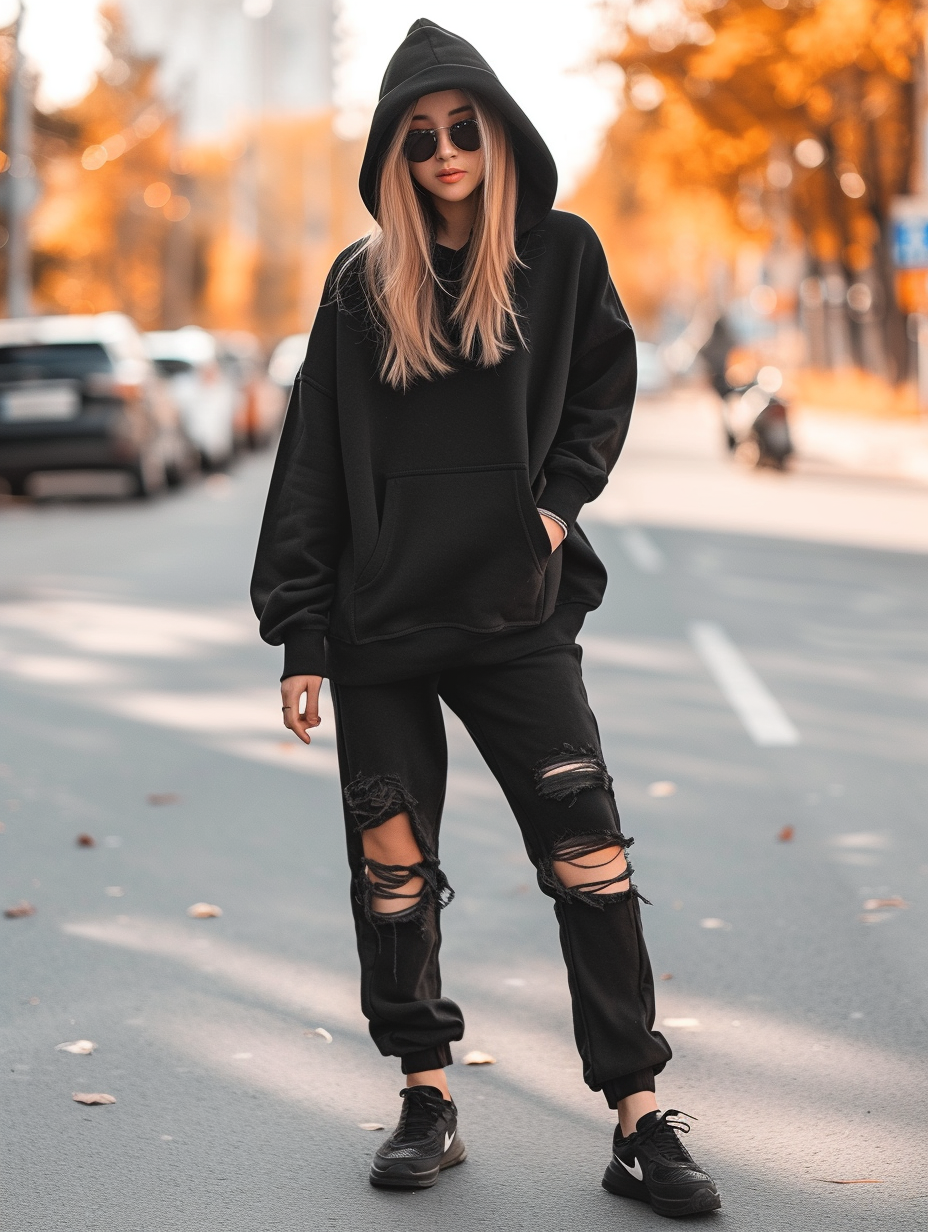 Everyday casual outfit featuring ripped-knee jogger pants with a matching hoodie