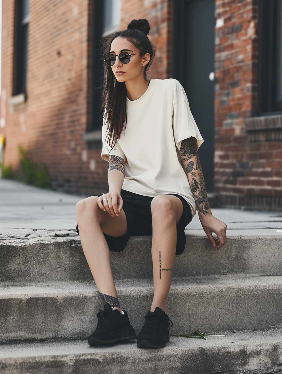 Everyday comfort look featuring a casual tee tucked into a pair of high waist biker shorts