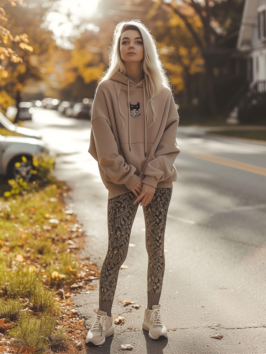Everyday comfort look featuring a loose-fit hoodie paired with subtle print leggings