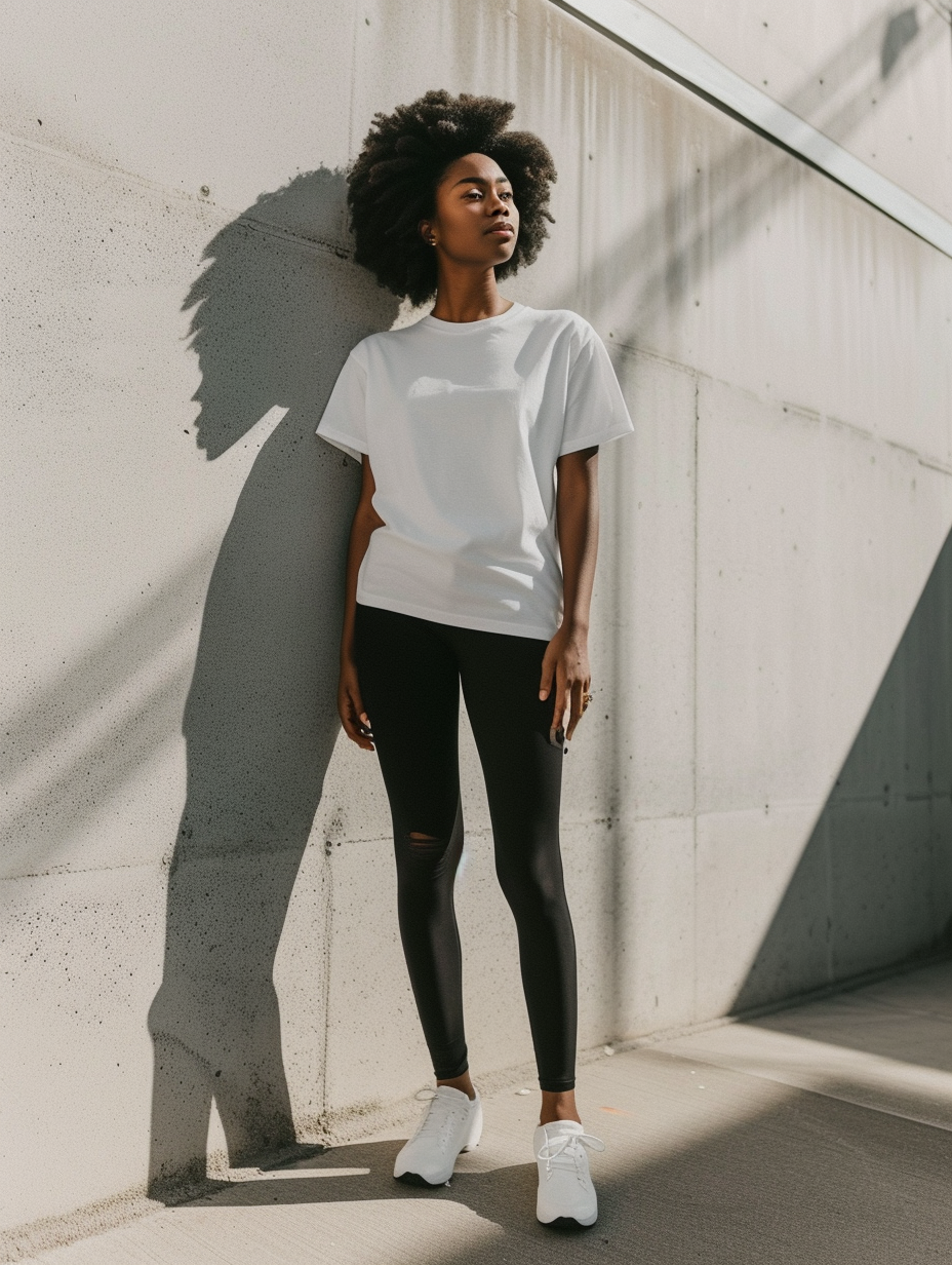 Everyday comfort look featuring black compression leggings paired with a loose t-shirt in crisp white