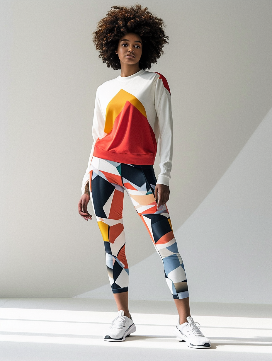 Everyday look with a loose-fit, breathable gym top matched with cubist graphic leggings