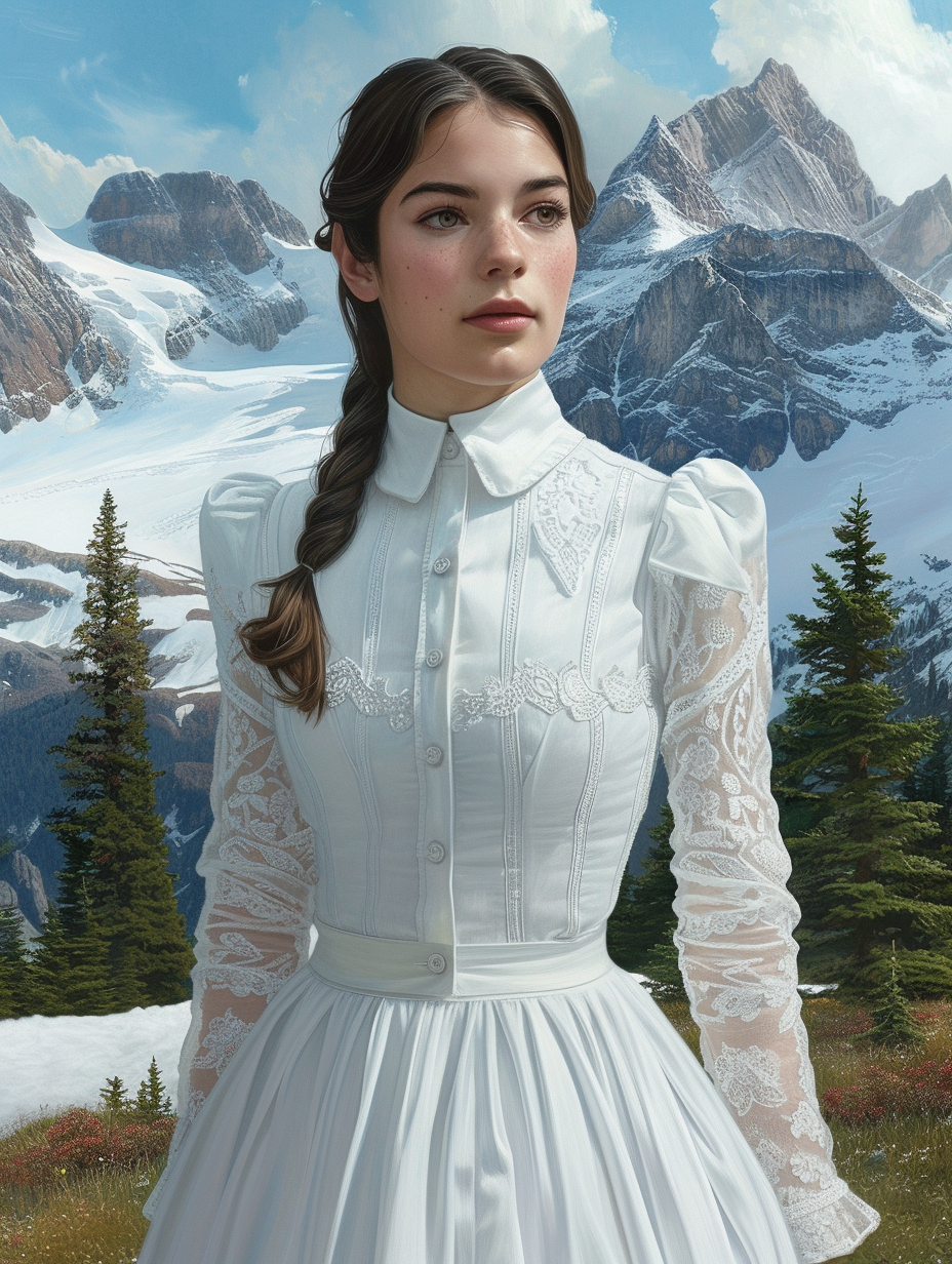 Female in white high-collar dress with a snowy mountain in the background