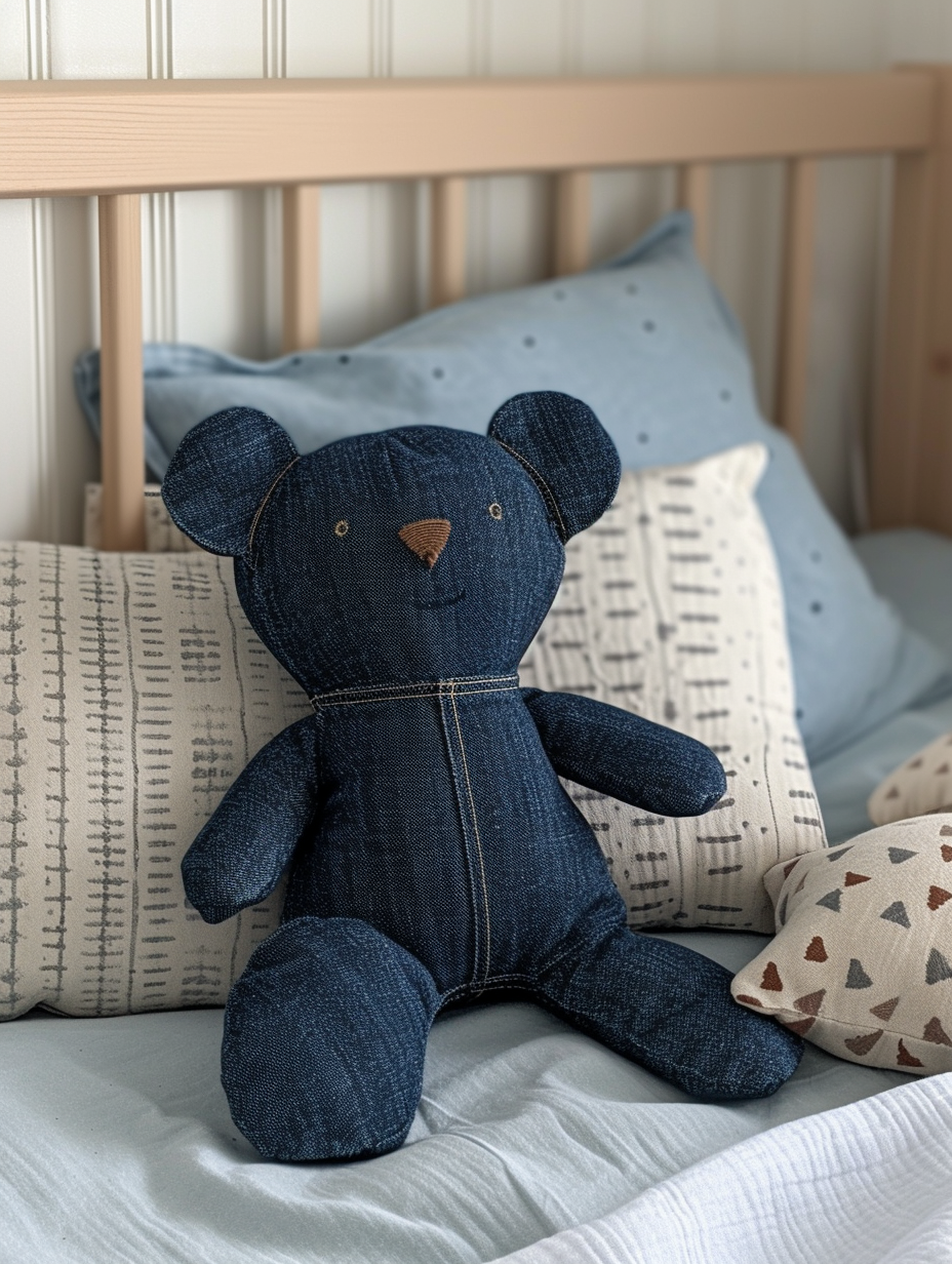 Handcrafted denim teddy bear in an eco-friendly nursery
