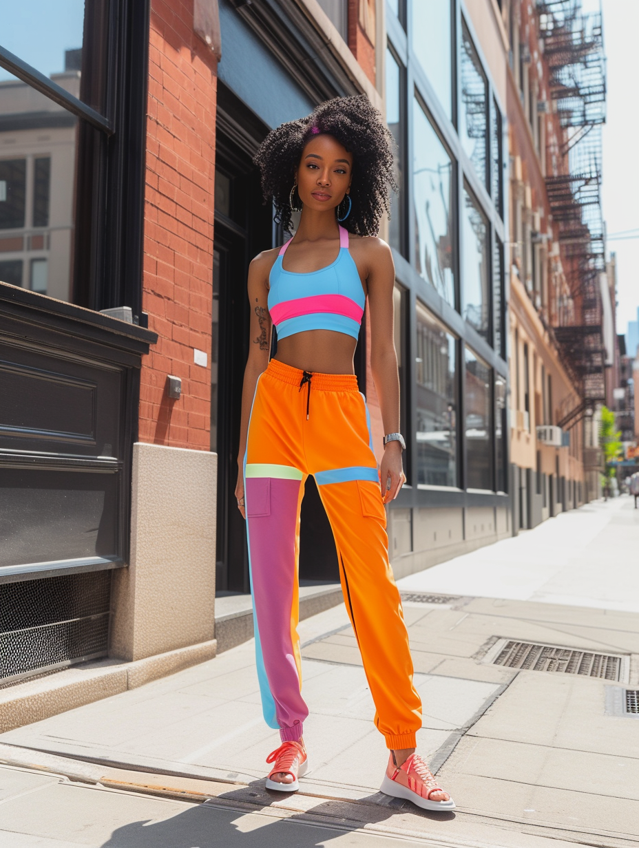 High-end athleisure look for a brunch date showcasing a bold color-block sports bra and matching joggers --ar 3:4