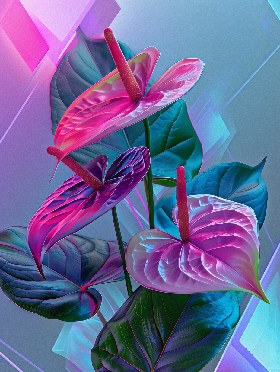 Hyperrealistic Anthurium floral set against an abstract geometric background with neon hues