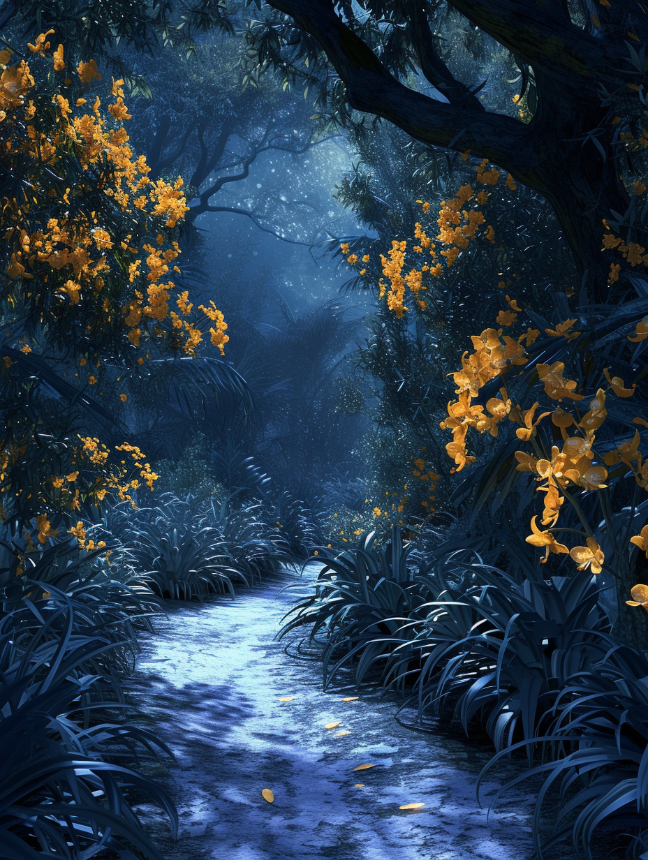 Illuminated path lined with vibrant yellow orchids in a moonlit garden