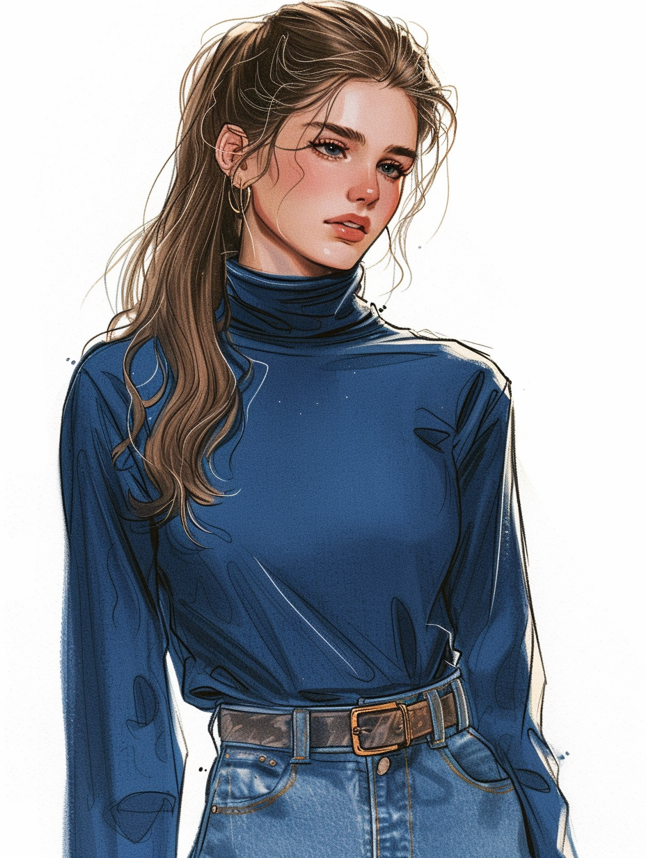 Illustrate an androgynous turtleneck pairing with a denim look