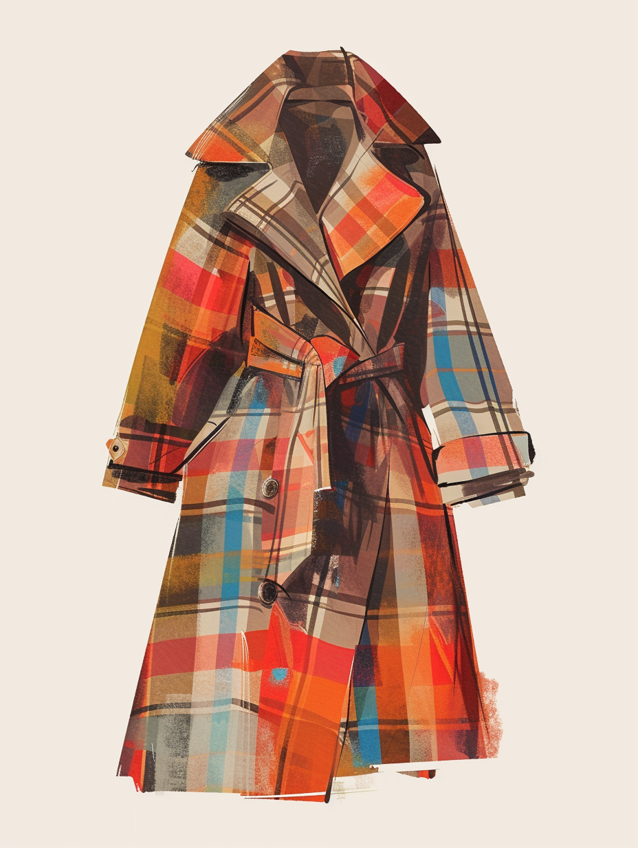 Illustration of a contemporary plaid trench coat