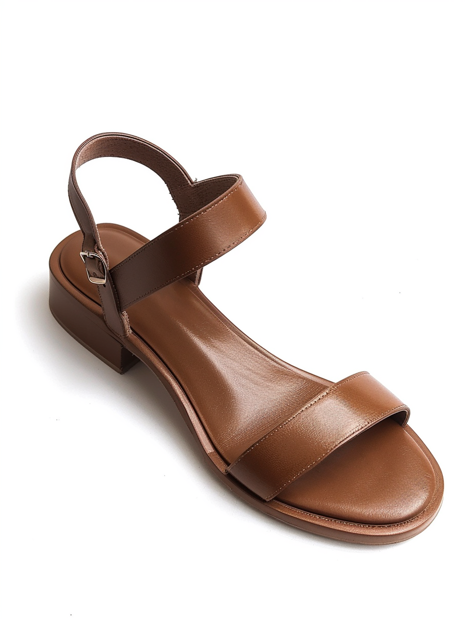 Imagine a minimalist, brown leather ankle strap sandal