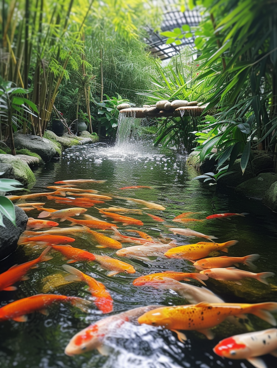 Koi fish swimming in a serene pond with a bamboo water feature