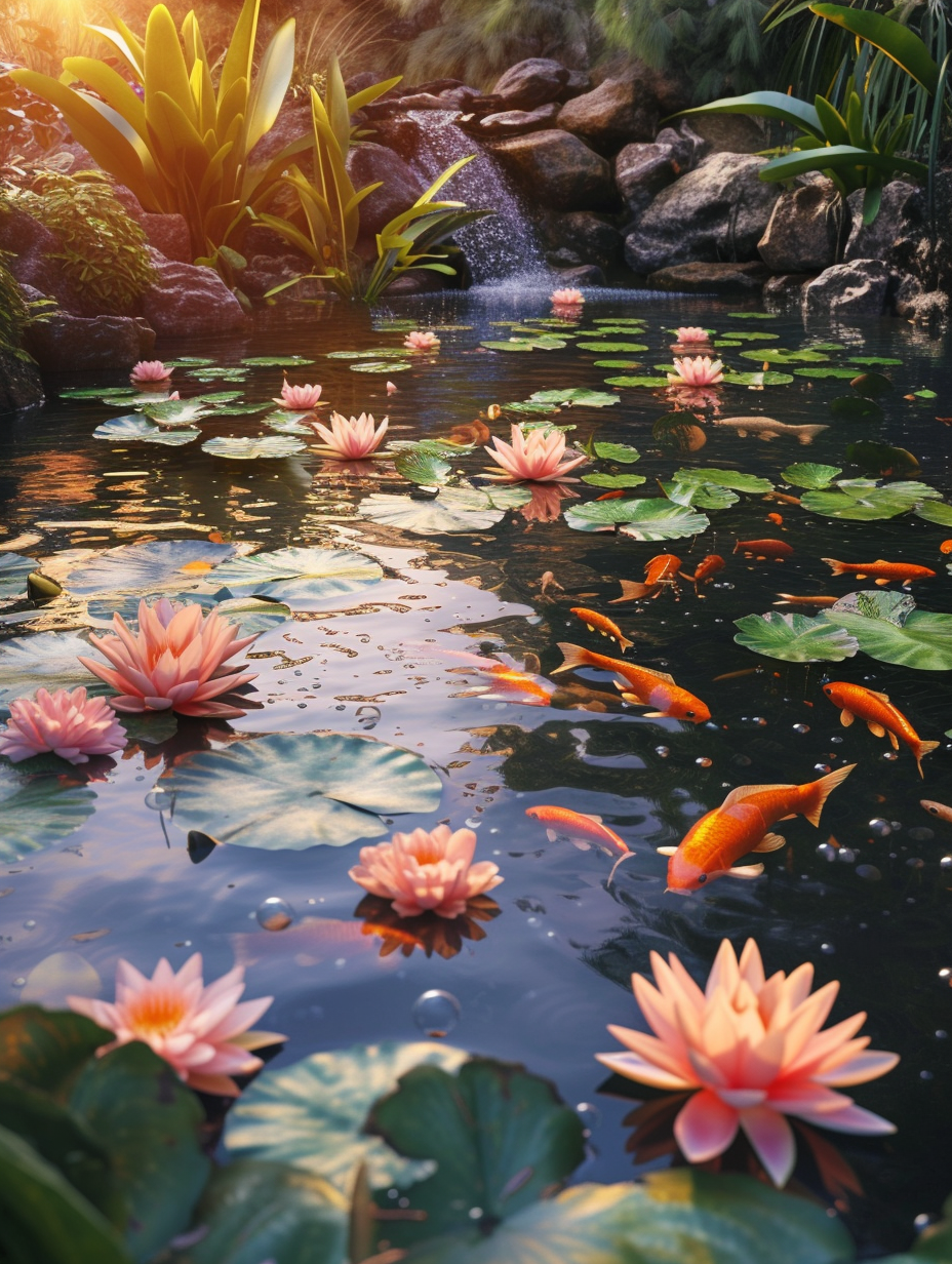 Koi pond and water garden with lotus flowers during sunrise