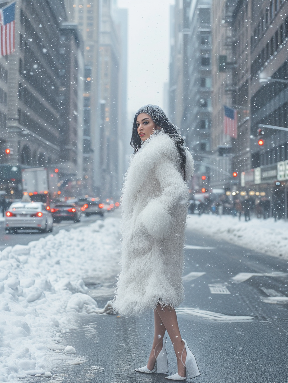 Lady in a white fur coat on a snowy city street