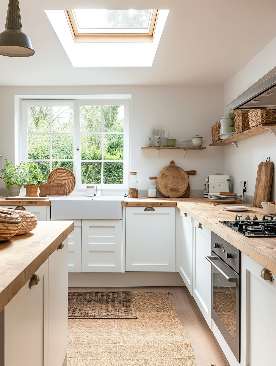 Light and airy Scandinavian kitchen with wooden countertops and a skylight --ar 3:4