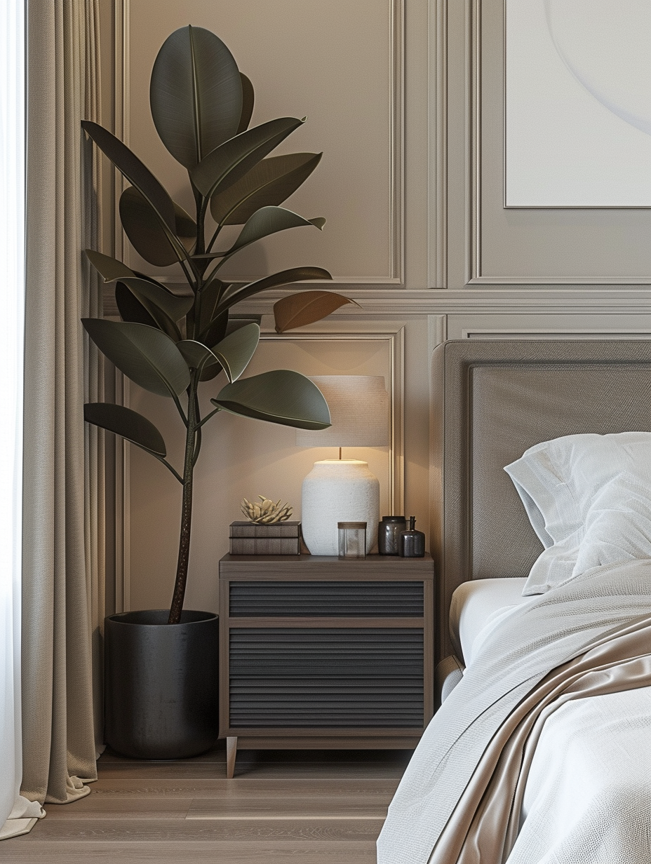 Luxurious bedroom interior emphasizing a Rubber Plant placed beside a chic nightstand