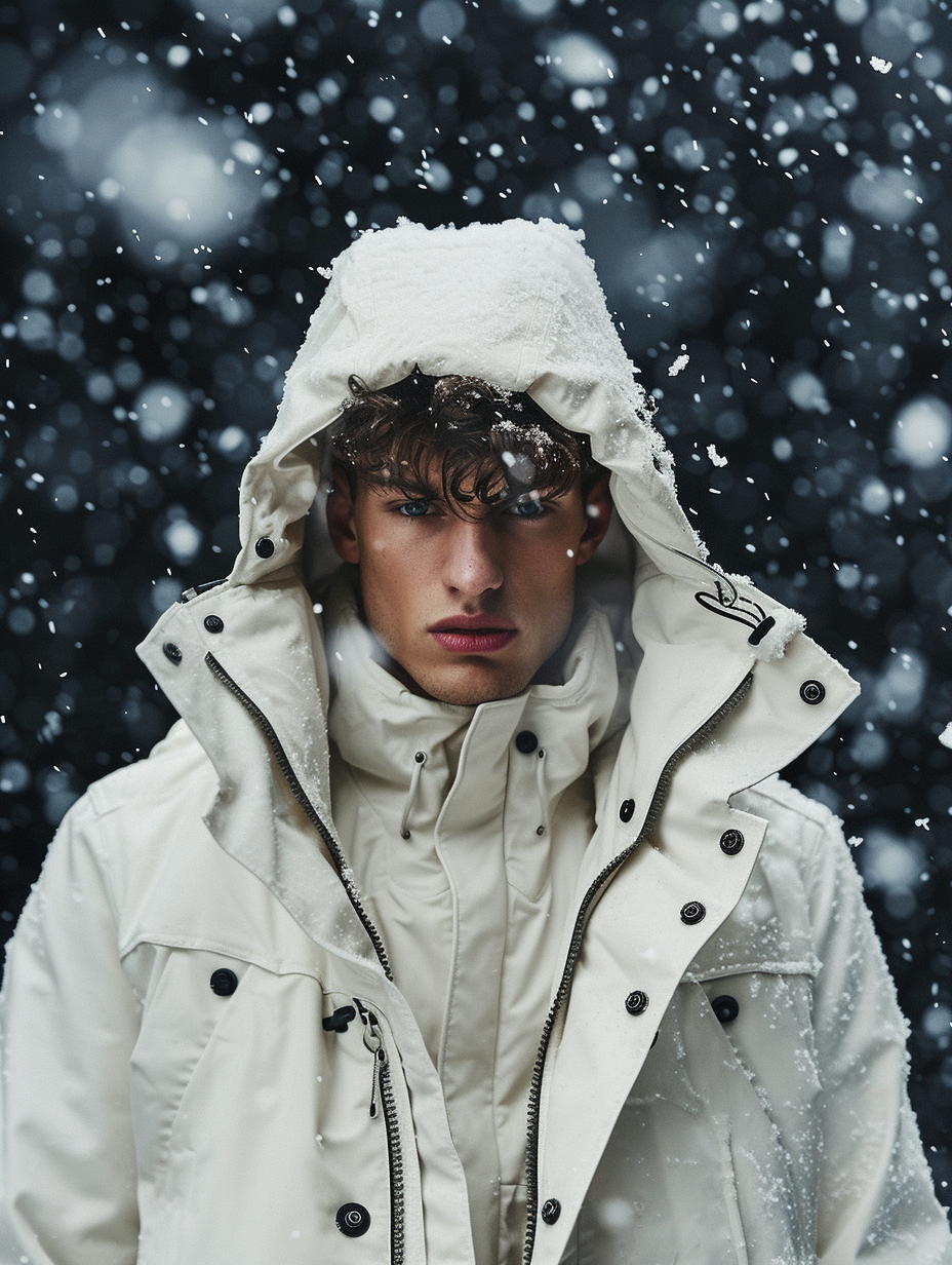 Male model in white parka jacket caught in a light snow shower