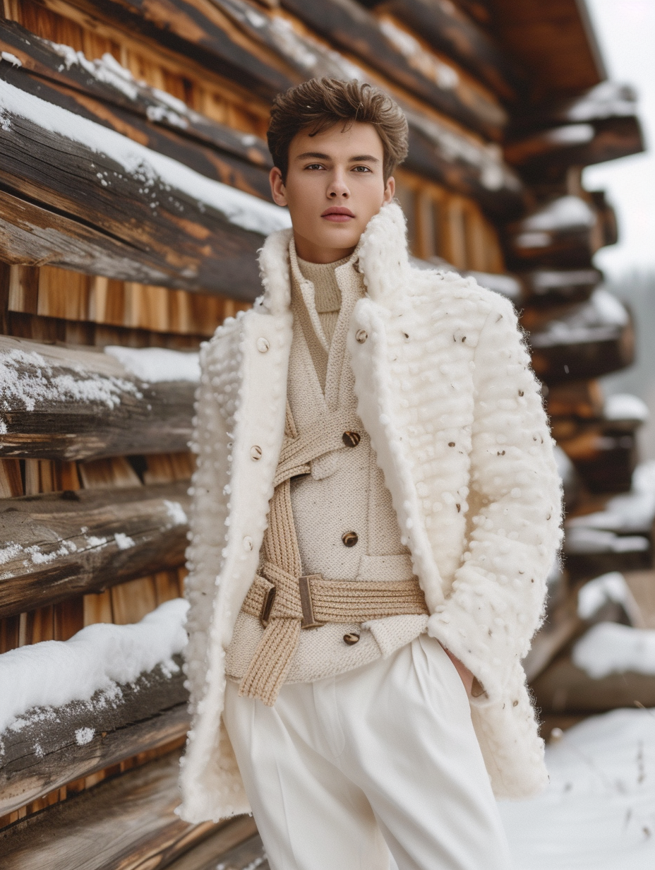 Male model in white winter attire in front of a vintage log cabin