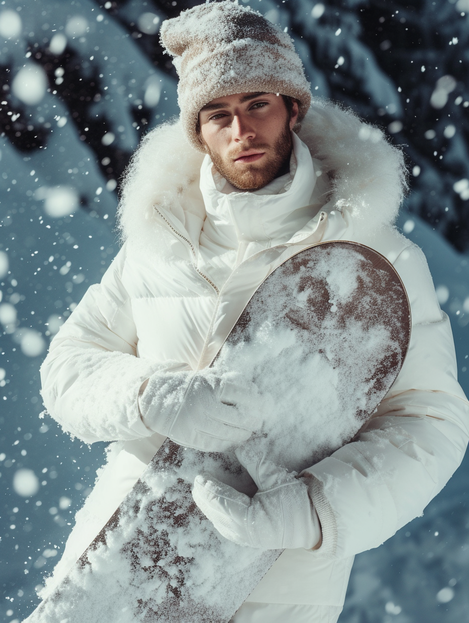 Male model in white winter sport attire holding a snowboard
