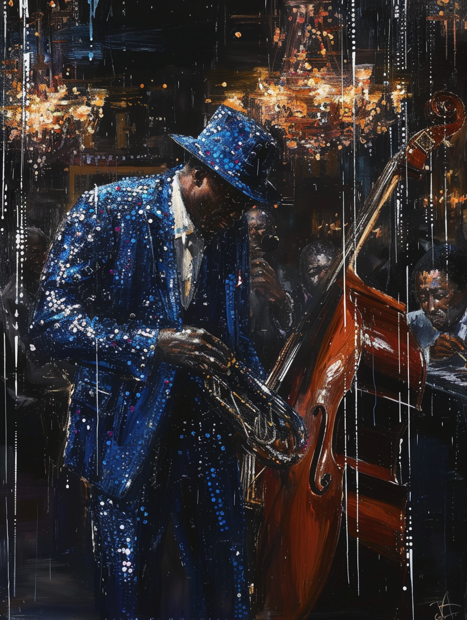 Midnight blue sequined suit at a jazz club