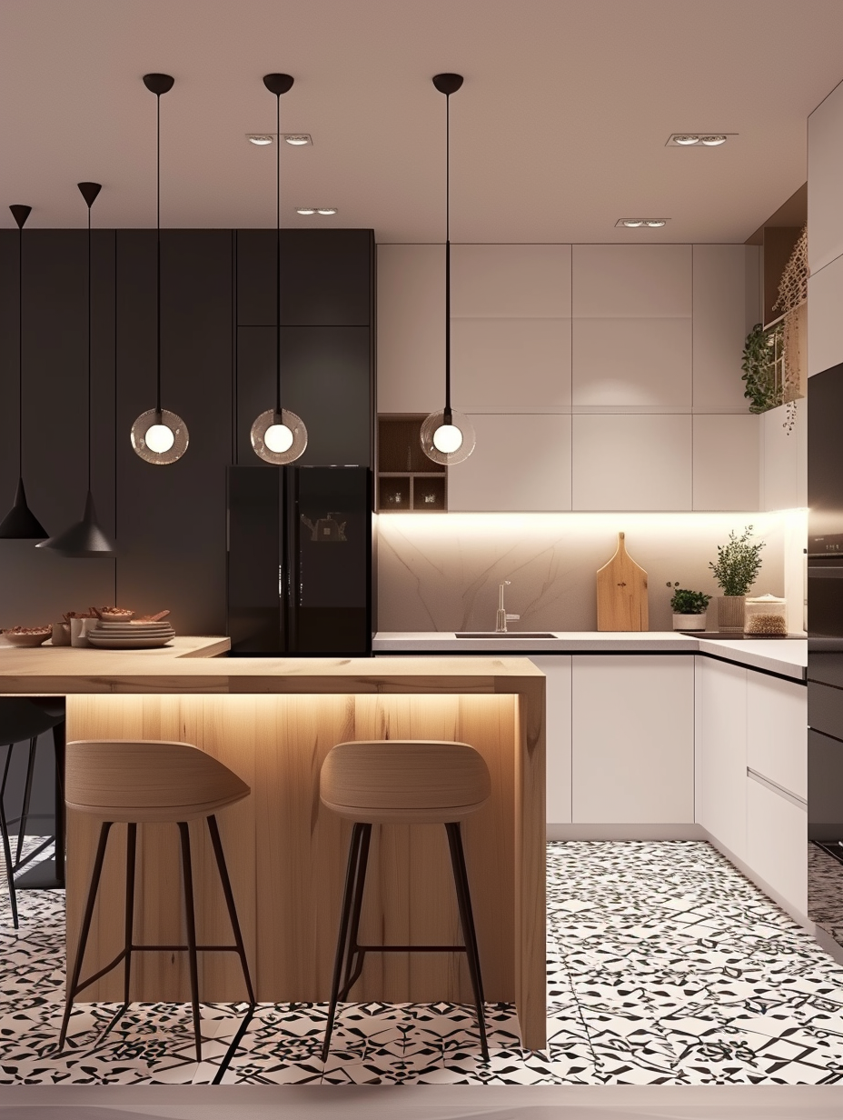 Minimalist Scandinavian kitchen design with monochrome colors and geometric patterns --ar 3:4