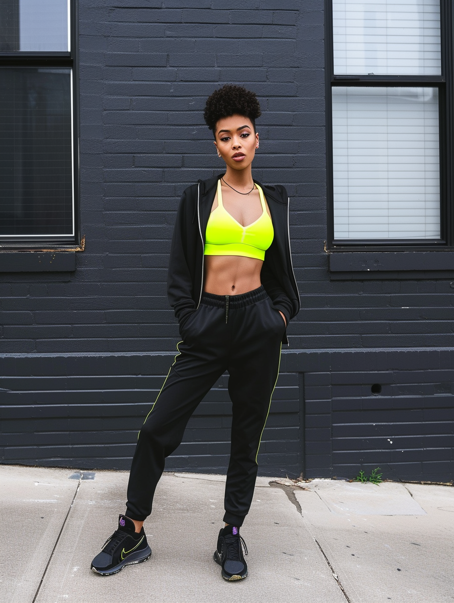 Minimalist yet stylish athleisure outfit perfect for running errands with a sleek black track suit and a neon sports bra --ar 3:4