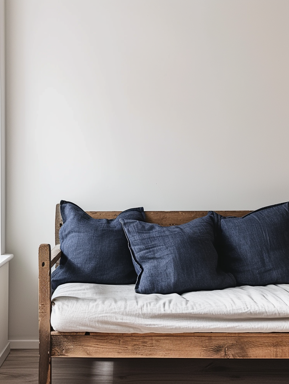 Minimalistic home decor featuring denim cushion covers on a reclaimed wood couch