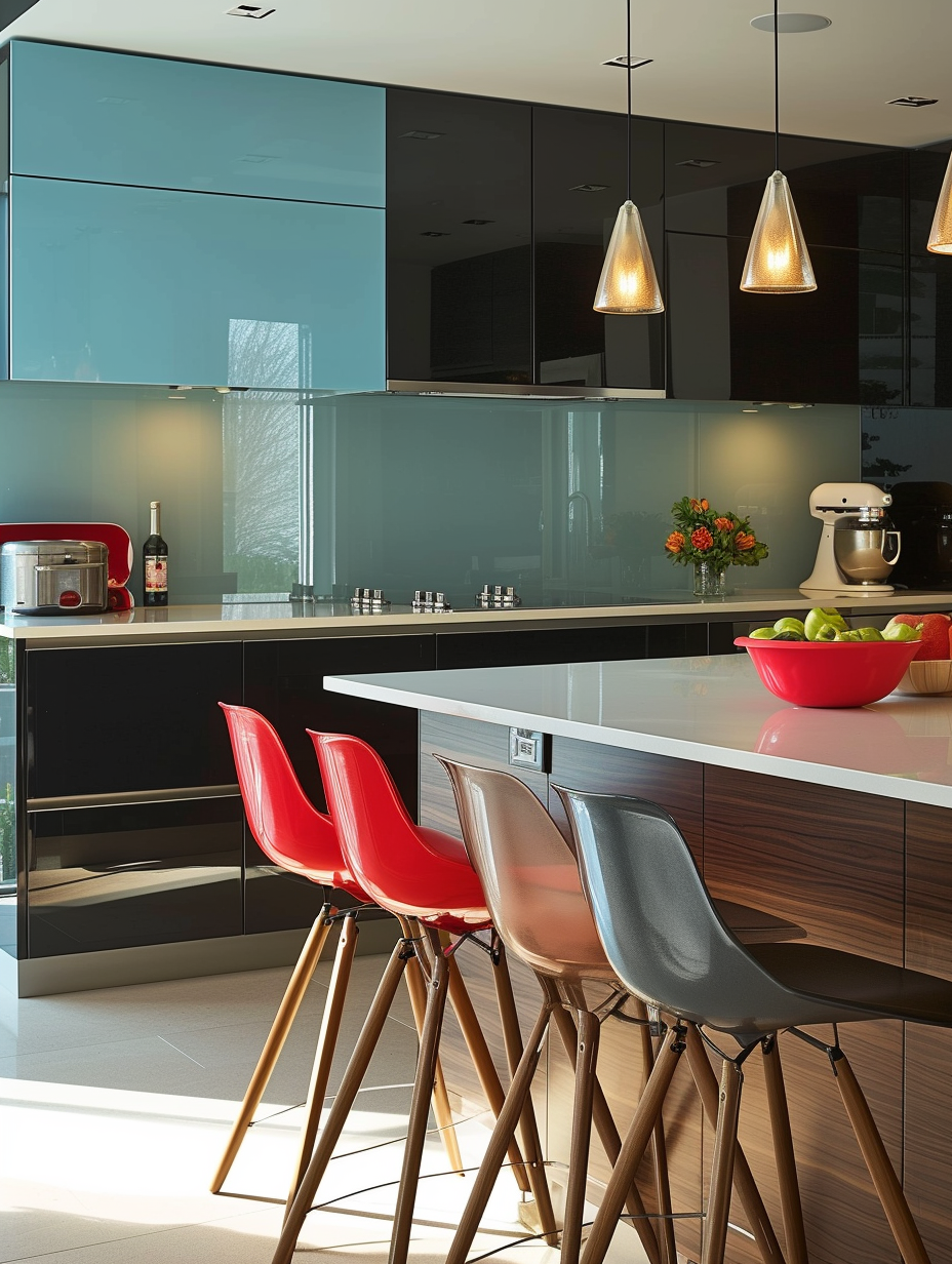 Modern Scandinavian kitchen design with high-gloss cabinets and a pop of color. --ar 3:4