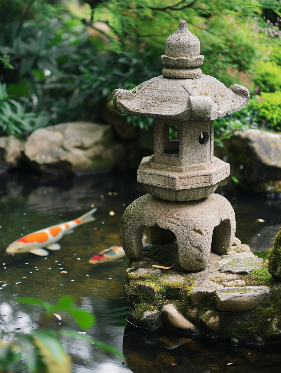 Old-styled stone lantern by a still koi pond in a peaceful water garden