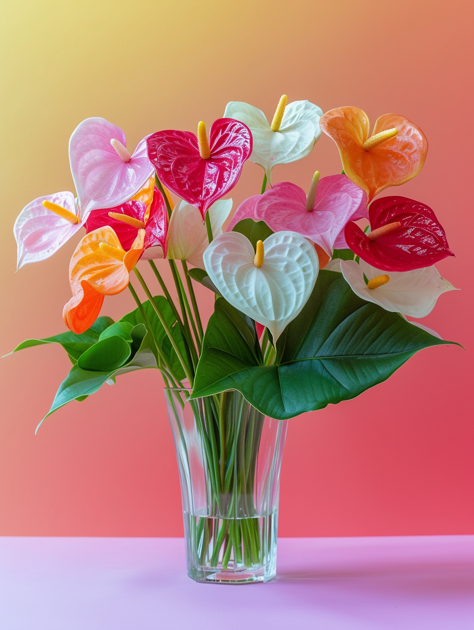 Panoramic view of a rainbow of Anthurium flowers in full bloom in a clear vase against a bright, minimalist background