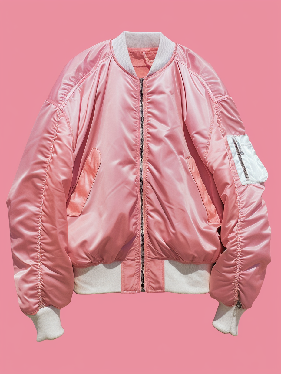 Pastel pink bomber jacket with silver zippers and white cuffs --ar 3:4