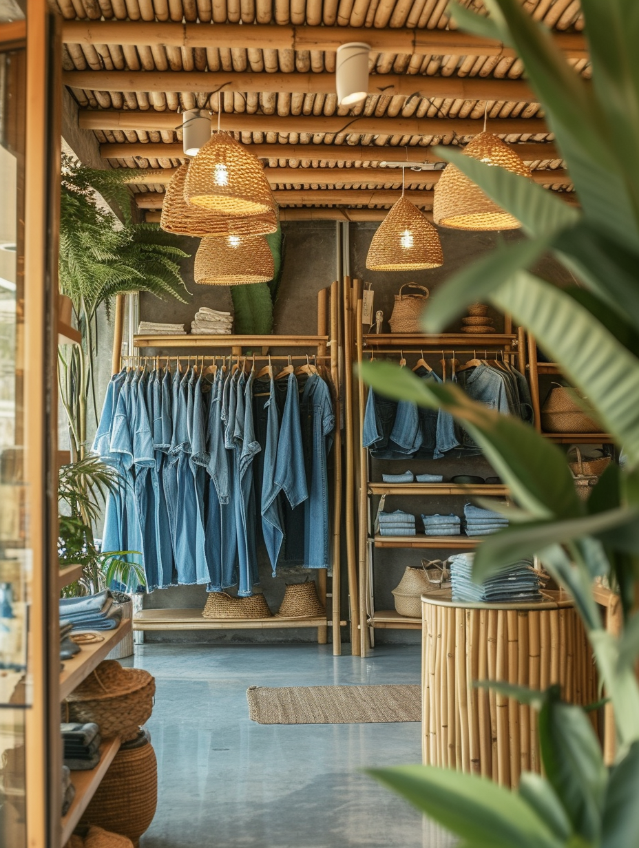 Photo of Eco-friendly denim outfits displayed on a recycled hangers in a bamboo shop interior