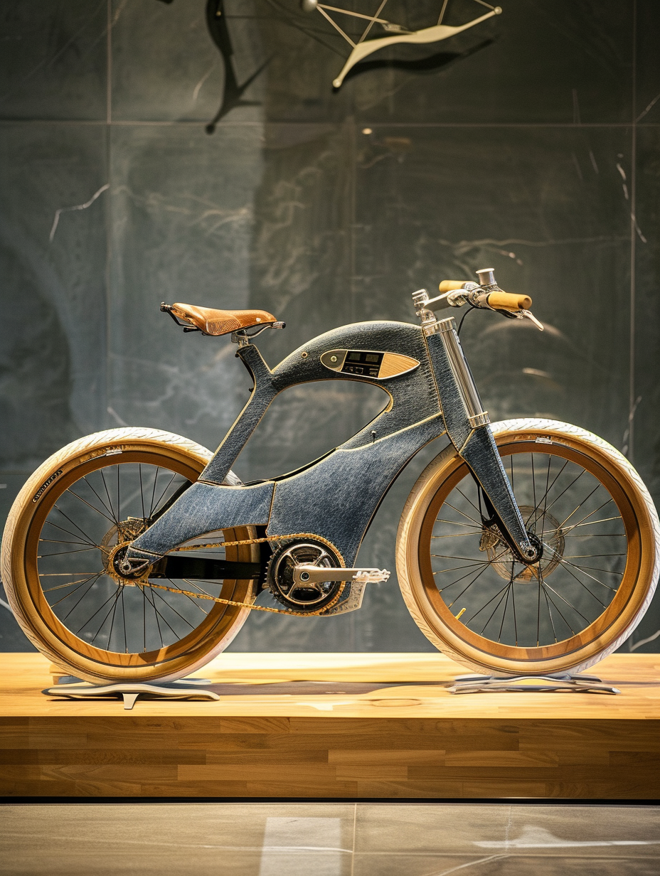 Photo of a denim-clad modern eco-friendly bicycle