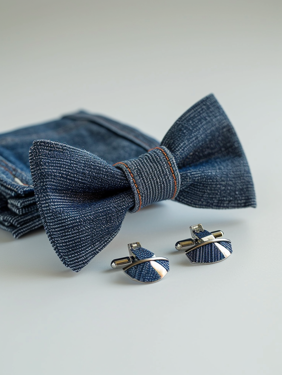 Photo of a recycled denim bowtie and matching cufflinks