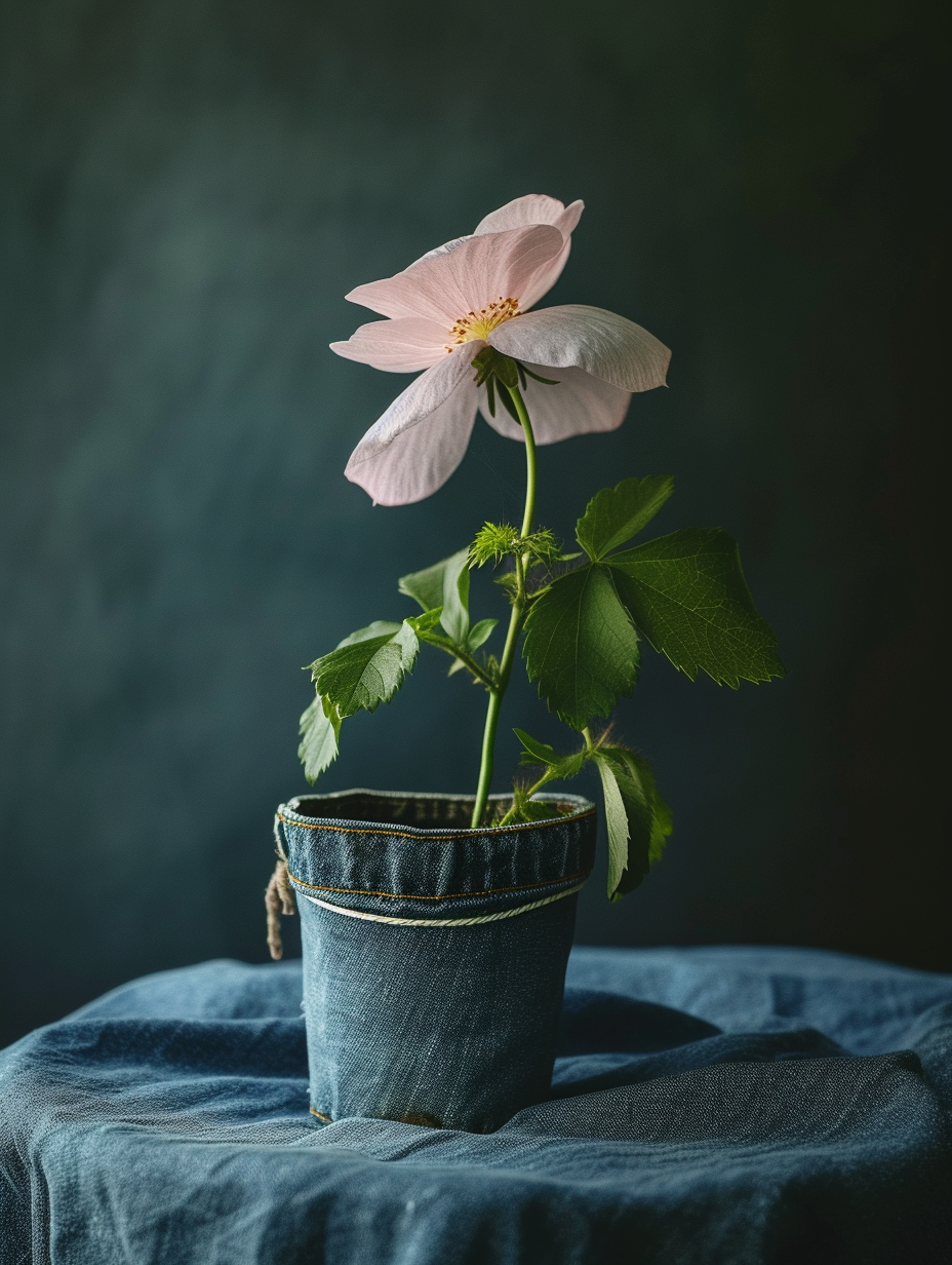 Photo of a vintage denim hat with a blooming flower in a biodegradable denim pot